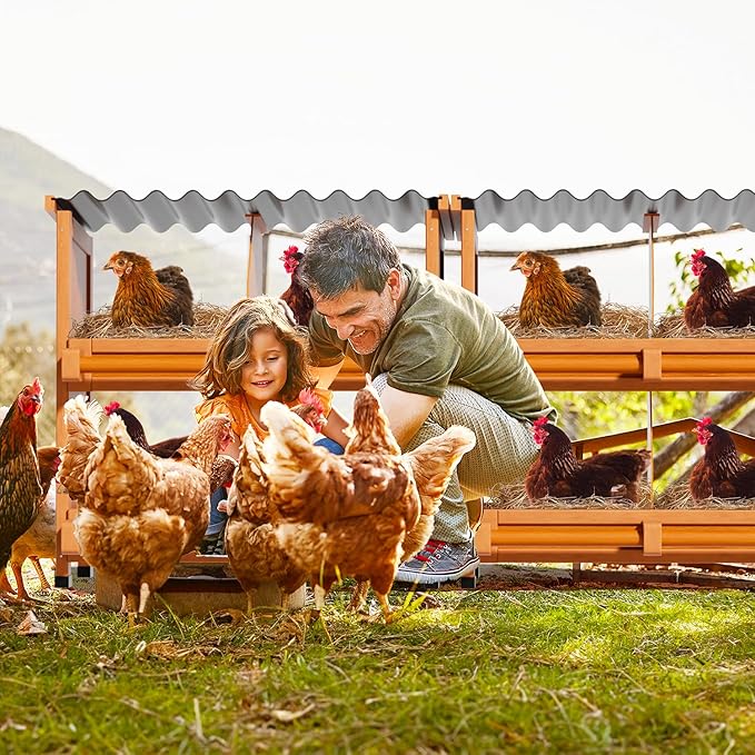 2-Tier Chicken Nesting Box, 8 Compartment Wooden Nesting Box for Chickens with Waterproof Roof, Non-Slip Stable Base, Heavy Duty Chicken Laying Boxes for Hens, Duck, Poultry, Bird, Orange
