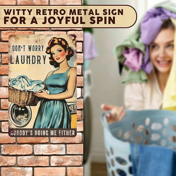 PEACHGARDEN Funny Laundry Room Decor - Vintage Metal Sign for Wall Decor - 8x12 Tin Sign for Bathroom, Mudroom, & Drying Zone - Witty Home Decor Gift for Women & Moms