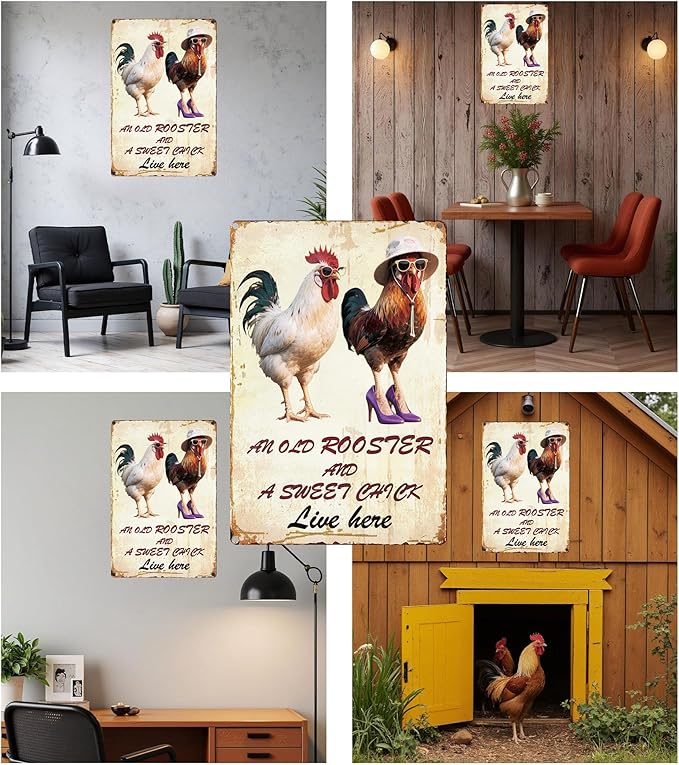Vintage Chicken Wall Sign – 8x12” Farmhouse Rooster Decor with “AN OLD ROOSTER AND A SWEET CHICK Live here”” Quote – Rustic Waterproof Metal Plaque for Kitchen, Porch, Coop, Chicken Mom Gift - C