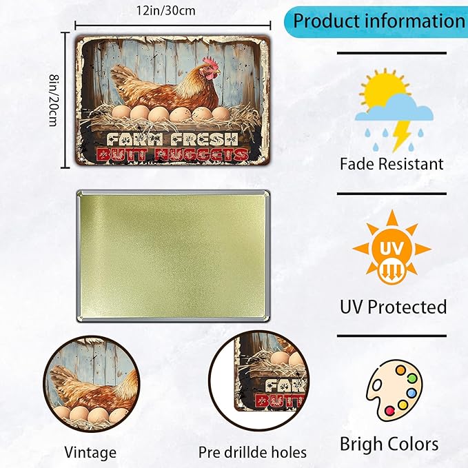 Chicken Coop Signs Funny Metal Signs Chicken Decor Farm Rooster Yard Decor Vintage Tin Sign Chicken Decorations For Home Farm Fresh Butt Nuggets Sign 12x8 Inch