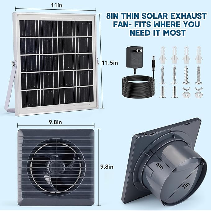 Solar Powered Exhaust Fan, 25W Solar Panel+8" High Speed Solar Powered Fans, Solar Exhaust Intake Fan Kit with Bracket, Anti-backflow Valve, Power Adapter, Vent Fan for Shed, Greenhouse, Attic