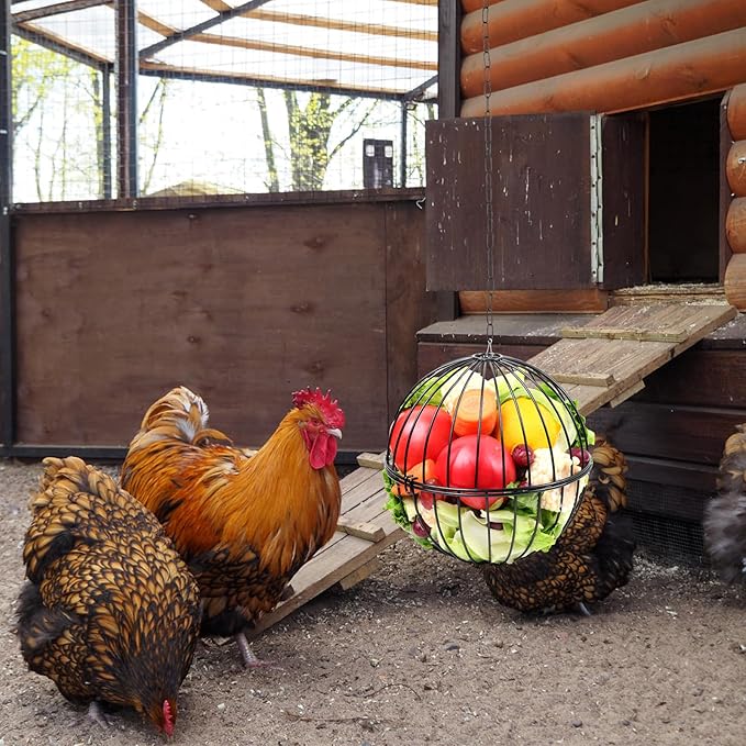 Hanging Chicken Feeder, 7.1 Inch Large Chicken Vegetable Hanging Feeder, Treat Holder with 15.7 Inch Hanging Chain Treat Ball Feeding Tool for Poultry (Black)