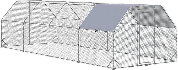 PawHut Large Chicken Coop Metal Chicken Run with Waterproof and Anti-UV Cover, Flat Shaped Walk in Fence Cage Hen House for Outdoor and Yard Farm Use, 1" Tube Diameter, 9.2' x 24.9' x 6.4'