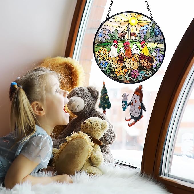 TNUW Chicken Flower Stained Glass Window Hanging, Rustic Farmhouse Chicken Flower Garden Sun Catchers Indoor Window Glass Round Wall Art Decor, Farm Animal Wall Hanging Decorations, 7.9＂x7.9＂
