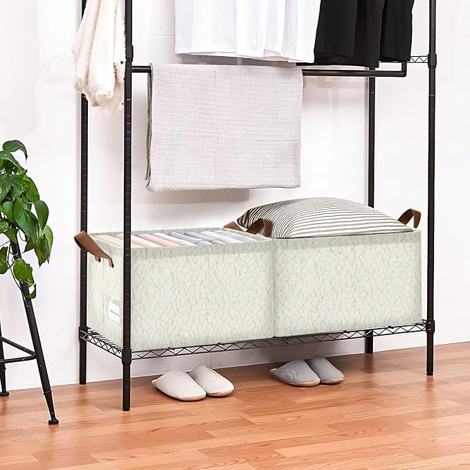 Parchment Grain Pattern Foldable Storage Basket with Handle, Storage Bins with Metal Frame, Fabric Shelf Baskets, Closet Organizers for Clothes, Books, 16.9 x 11.4 x 10 Inch,2-Pack