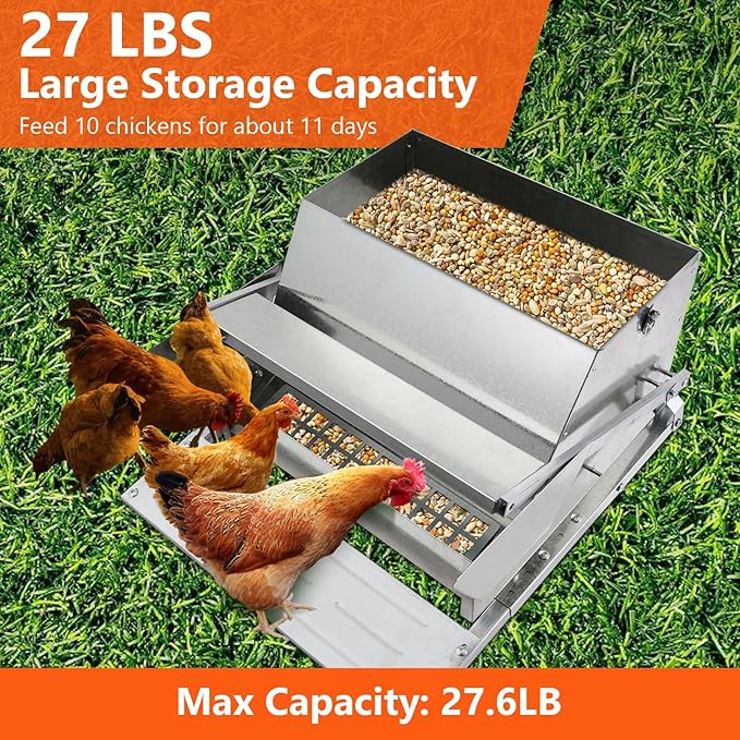 Galvanized Steel Automatic Chicken Feeder with Treadle, 27 LB Large Chicken Feeders No Waste, Rat Proof Chicken Feeder with 10 Chickens for 11 Days