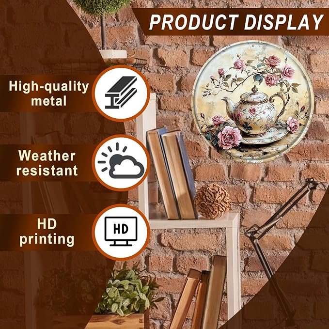 Tea Round Metal Tin Sign Wreath Vintage Farmhouse Rustic Wall Art Decor for Kitchen Porch Garden Yard Outdoor Decor 12x12inch
