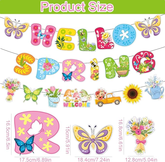 3Pcs Pre-Strung Hello Spring Banner for Classroom Office Spring Easter Hanging Decorations