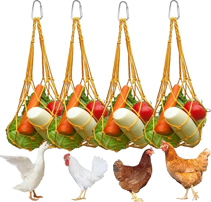 Chicken Vegetable Hanging Feeder 4 PCS, Reusable String Bag with Hook for Chicken Toys, Poultry Fruit Holder for Hens and Ducks, No Mess Lettuce Cabbage Feeder for Enrichment(Yellow)