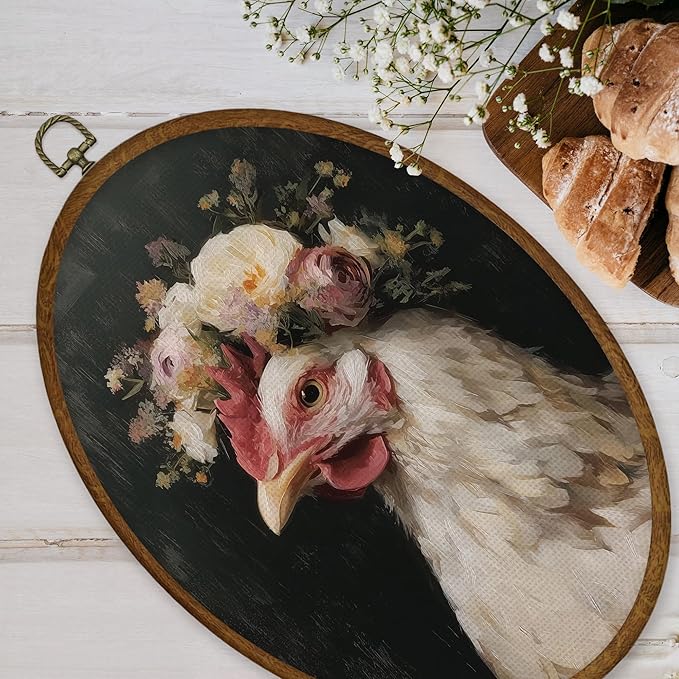WULQYING Vintage Floral Chicken Wall Art Decor, Country Farmhouse Farm Animal Oval Framed Canvas Art Prints, Cottagecore Floral Chicken Wall Hanging Decor for Home Bedroom Living Room, 8.6x11.4 Inches