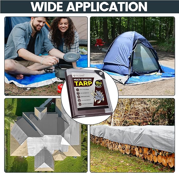 TICONN Heavy Duty Tarp Cover, Extra Thick Tarps Waterproof Tear and Rip Proof UV Resistant Tarpaulin with Reinforced Grommets and Edges (10 Mil, 10'x12')