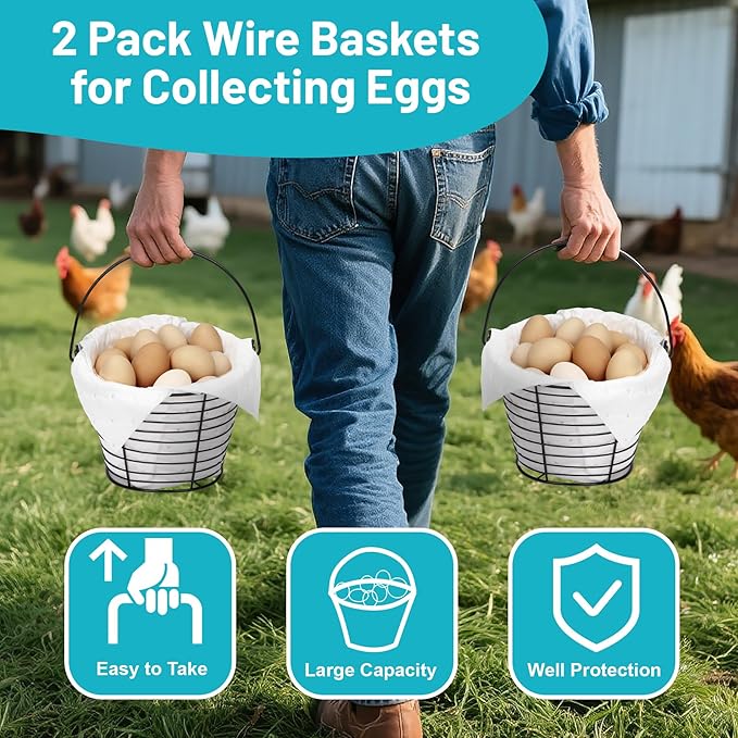 Egg Basket for Collecting & Carrying Chicken Eggs, 2 PCS 8" Wire Egg Basket with Soft Mats, Egg Collecting Baskets, Storagre & Transporting, Black