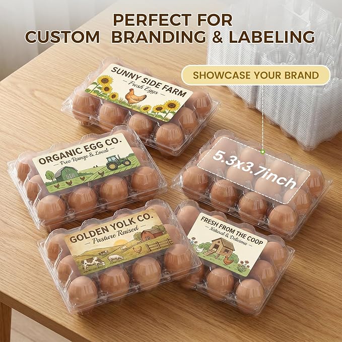 HAKSEN 60 PCS 12 Count Plastic Egg Cartons, with 60PCS Date Labels, Clear Reusable Egg Containers Holds for Fresh Medium Eggs Storage, Suitable for Farms, Family, Markets Display