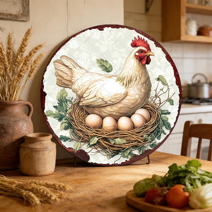 Chicken Coop Hen Round Metal Tin Sign Chicken Wreath Wall Decor Kitchen Farmhouse Outdoor Wall Art for Home Garden Kitchen Farmhouse Decoration Poster 12 Inch