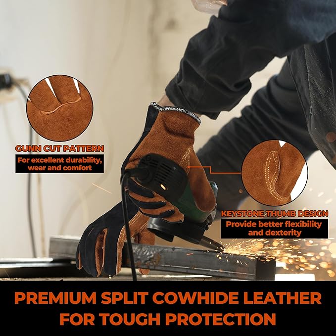 HANDLANDY Leather Work Gloves for Men and Women, Utility Tough Cowhide Glove