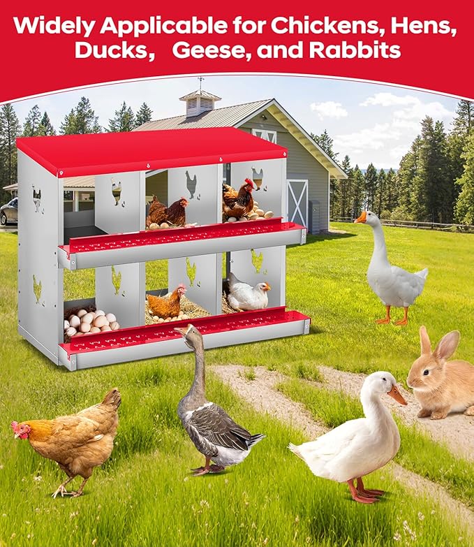 Chicken Nesting Box for Laying Eggs, 6 Compartment Metal Nesting Box,Wall Mount Chicken Nesting Boxes,Easy Egg Collection,Laying Boxes for Chickens Coop to Protect Eggs (Red, 6 Compartment)