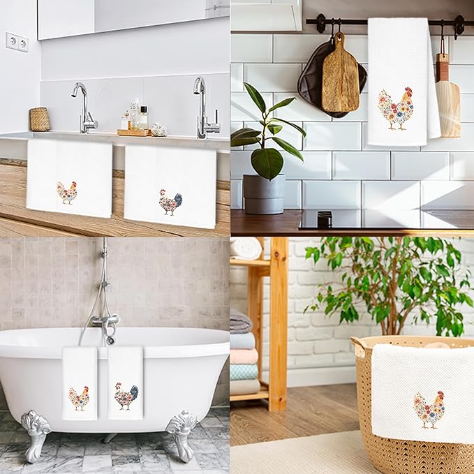 Floral Chicken Kitchen Towels, Chicken Lover Mom Lady Gifts Hand Towels for Bathroom Kitchen, Aesthetic Farm Animal Hens Decorative Dish Towels Drying Cloth, 16x24 Inch Set of 2