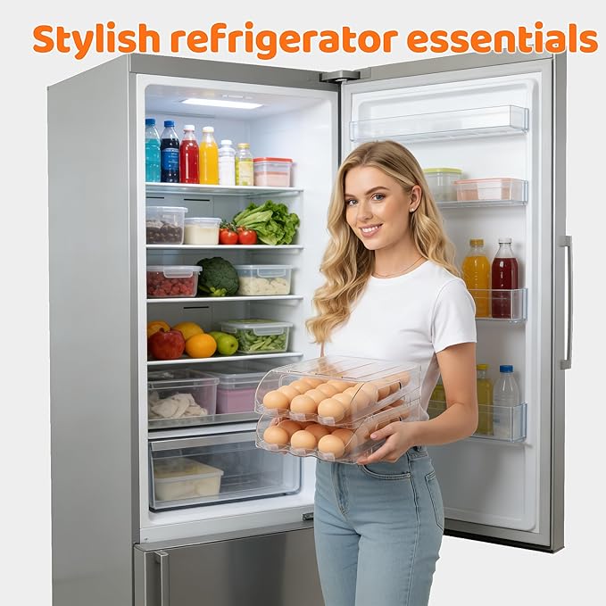 Egg Holder for Fridge, Automatic Steady Rolling Egg Dispenser with Silicone Bumpers & Handle for Refrigerator, Large Capacity Egg Organizer with Lid