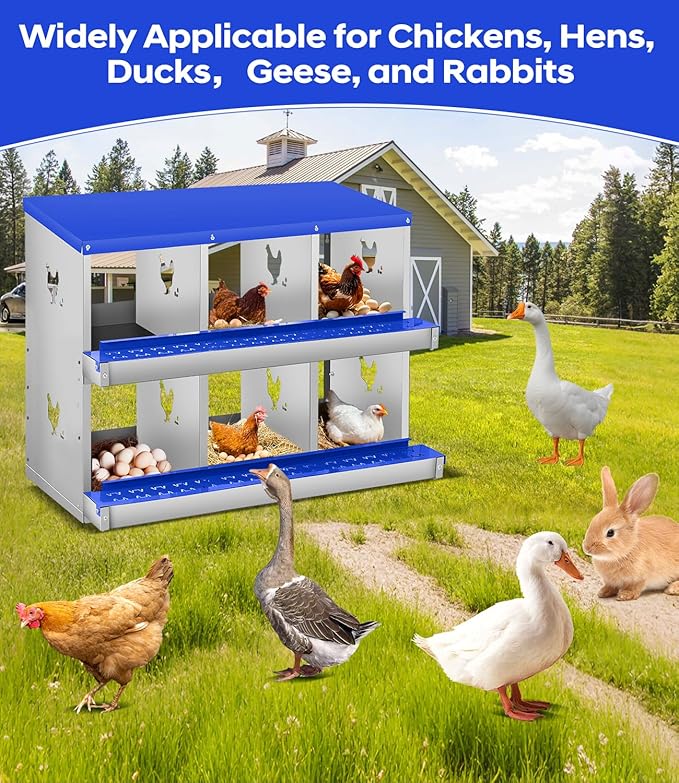 Chicken Nesting Box for Laying Eggs, 6 Compartment Metal Nesting Box,Wall Mount Chicken Nesting Boxes,Easy Egg Collection,Laying Boxes for Chickens Coop to Protect Eggs (Blue, 6 Compartment)