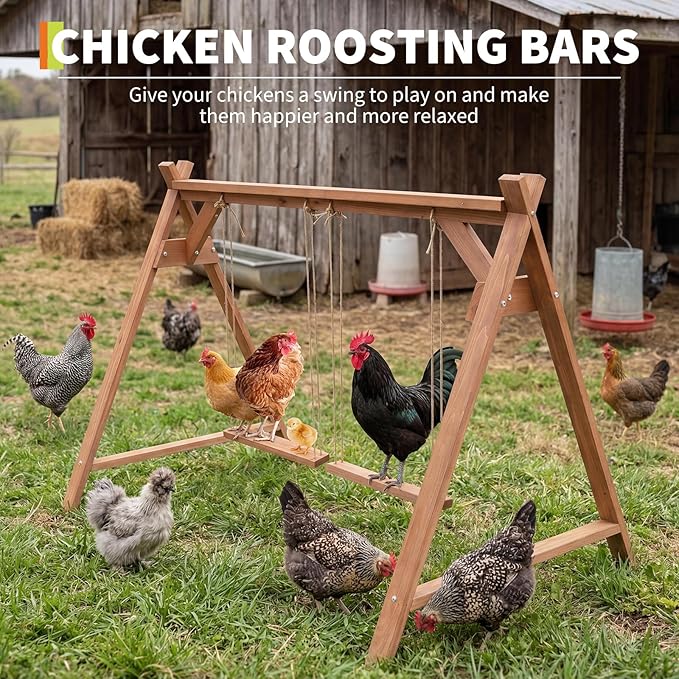 Chicken Perch with Swing, Chicken Roosting Bars for Coop Accessories, Wooden Chicken Run Toys Accessories for Chickens' Health and Happiness, Easy to Assemble & Clean
