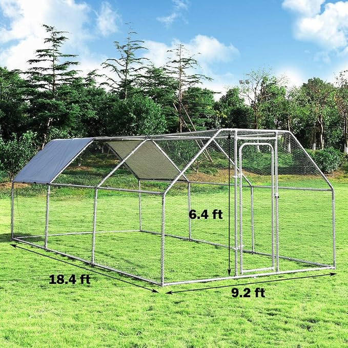 Giantex 18.5ft Large Metal Chicken Coop, Walk-in Chicken Coops Hen Run House Shade Cage with Waterproof and Sun Protection Cover for Outdoor Backyard Farm Use Poultry Cage (18.5 x 9.2 ft, Flat)