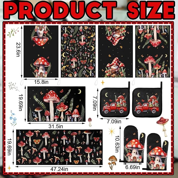 10 Pcs Kitchen Dish Towels Rugs Oven Mitts and Pot Holders Set Farmhouse Kitchen Decor Set for Women Mom Daughter Gift Cooking Baking Grilling(Dark Colors,Mushroom)
