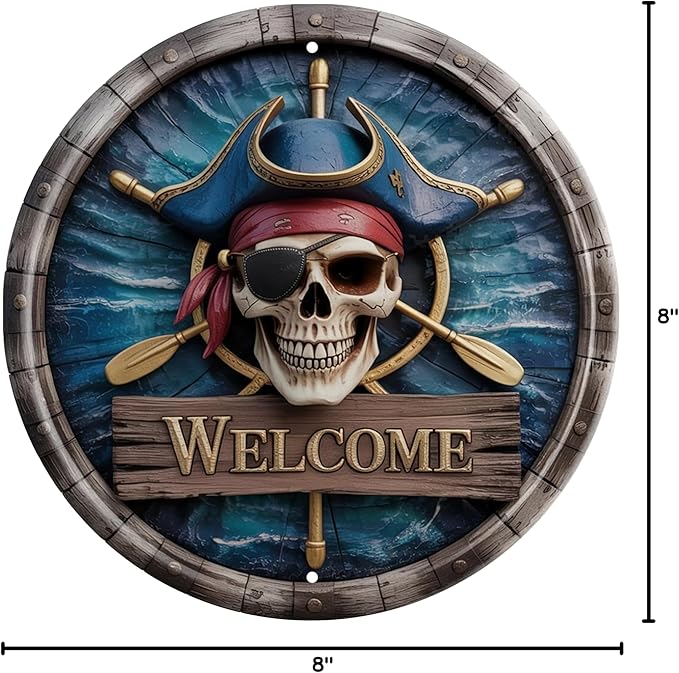CSWLJS Skull Welcome Wall Art Decor Metal Sign Beach Vintage Round Plaque Nautical Themed Bar Cafe Home Decor Enthusiasts Gift For Friends And Family 8x8 In