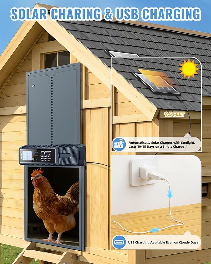 Automatic Chicken Coop Door Solar Powered with XL Large Size 10.8″x 14.2″ Auto Chicken Door Design with USB-C Charging & 3 Modes, Anti-Pinch & Aluminum Alloy Weather Proof-Blue