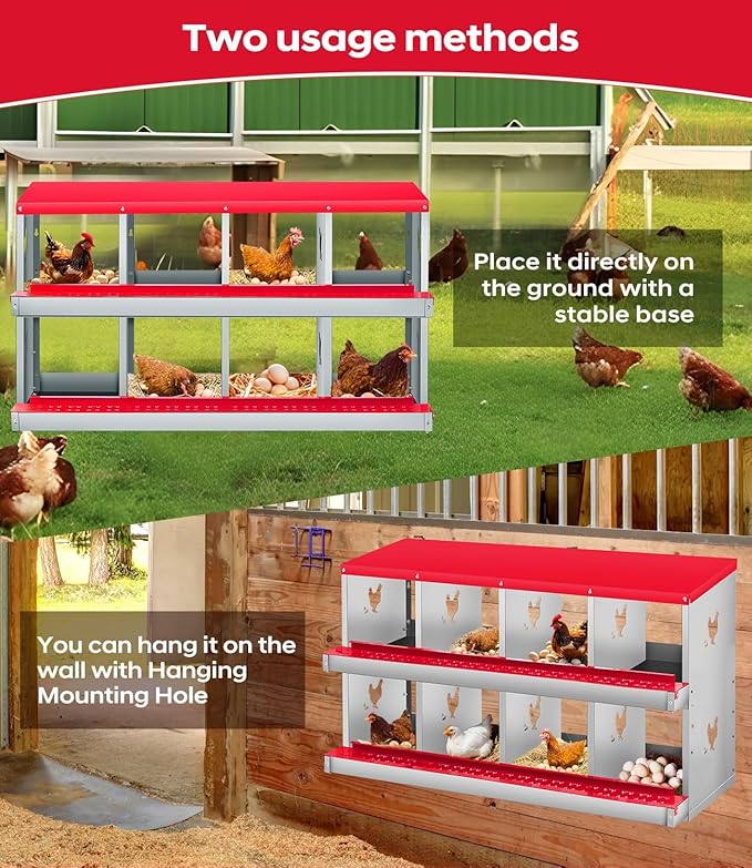 Heavy Duty Galvanized Build - Metal Chicken Nesting Box for Small Animals - 8 Compartments, Wall Mount, Easy Egg Collection, No Legs - Orange Red, 8 Compartments, No Legs