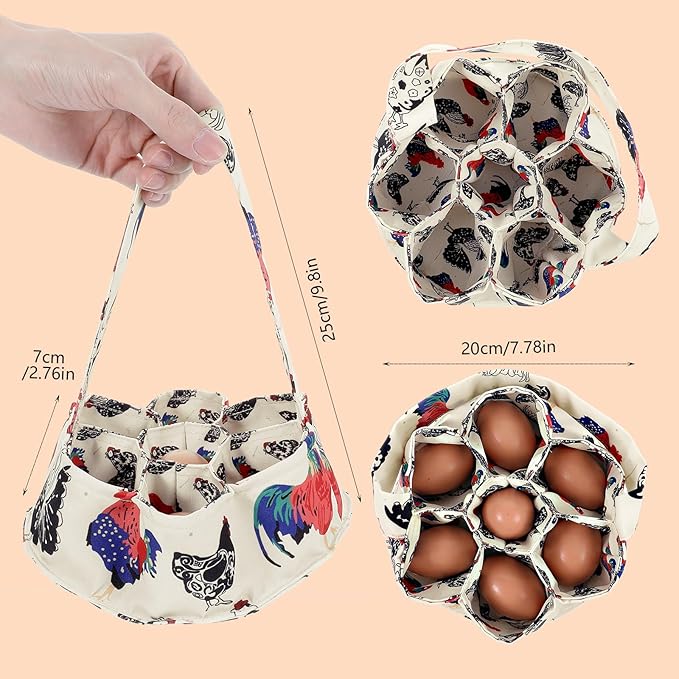 Egg Collecting Basket, 7 Pouches Chicken Eggs Basket for Gathering Fresh Chick Egg Holder Countertop Gifts for Duck Goose Carton Carrier - Beige Canvas