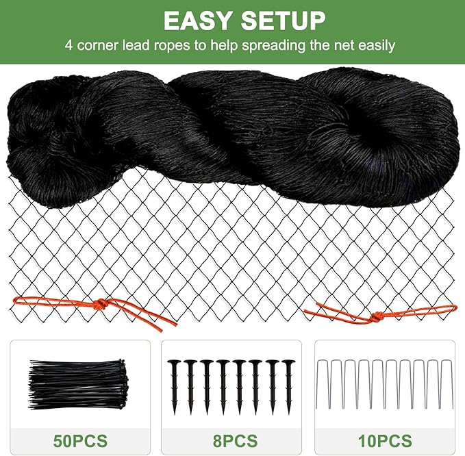 Bird Netting - Heavy Duty Nylon Net with 3/4' Mesh for Garden Protection, Chicken Coop and Orchard