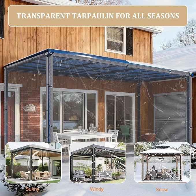 4x6 FT Heavy Duty Clear Waterproof Tarp, Transparent Vinyl Tarpaulin with Reinforced Grommets for Outdoor Garden Greenhouse, Patio, Porch, Chicken Coop, Camping Cover
