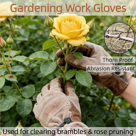 Leather Gardening Gloves for Men and Women, Work Gloves for Welding, Construction, Chainsaw, Farm, Ranch, Yard Work, Abrasion Resistant, Cactus Thorn Proof (Brown, Medium)