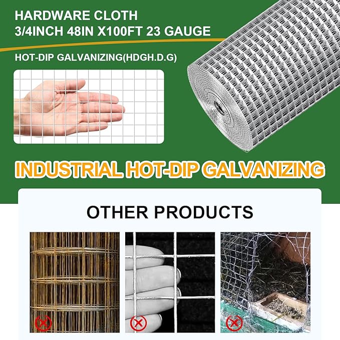 48in x 100ft Hardware Cloth Hot-Dip Galvanized Welded Wire Mesh - Heavy Duty 23 Gauge Chicken Wire Fencing for Garden, Chicken Coop, Rabbit Cage, Rodent & Predator Protection