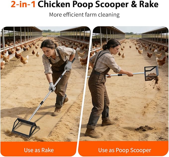 Chicken Poop Scooper, 35–75'' Adjustable Chicken Coop Scoop with Ergonomic Handle, 2-in-1 Scoop Shovel & Poop Rake for Easy Waste Cleaning, Multi-Purpose for Henhouse, Sandpit, Cattle Shed