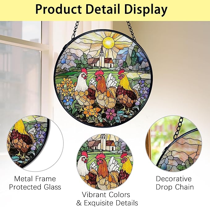 TNUW Chicken Flower Stained Glass Window Hanging, Rustic Farmhouse Chicken Flower Garden Sun Catchers Indoor Window Glass Round Wall Art Decor, Farm Animal Wall Hanging Decorations, 7.9＂x7.9＂