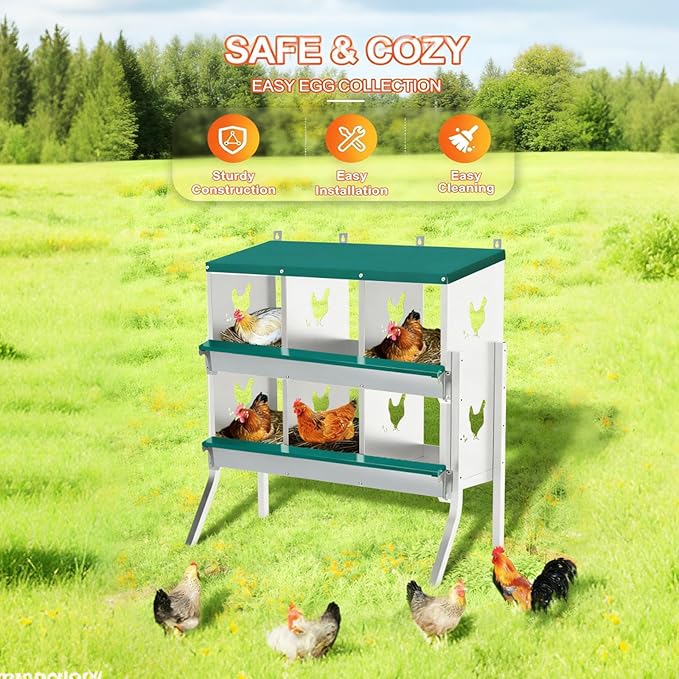 Chicken Nesting Box 6 Compartment with Legs 10 Pet Moisture Pads and 4 Fake Eggs Roll Away Egg Collection, Perch, Lid Cover for Egg Protection - Wall Mount Nest Box for Chickens, Hens, Ducks