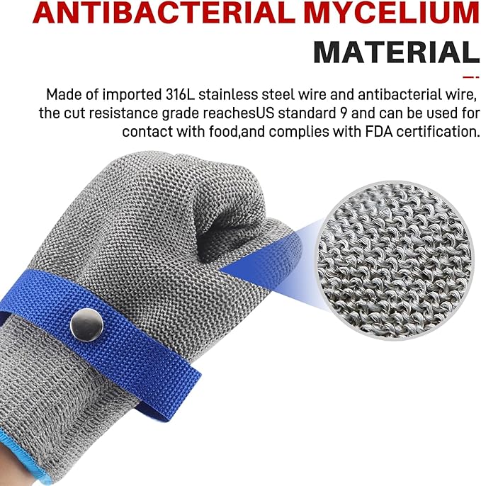 ANSIA9 Cut Resistant Glove,Stainless Steel Metal Gloves For Cutting,Food Grade For Kitchen Cooking, Metal Gloves For Cutting Meat, Oyster Shucking, Mandoline, Fishing,M,1 Pcs