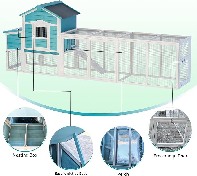121" Large Chicken Coop with Nesting Box,Wooden Hen House W/Ramp & Sliding Trays,Waterproof Poultry Cage W/Sloped Asphalt Roof & Lockable Door,Poultry Cage for Small to Medium Pets,Blue