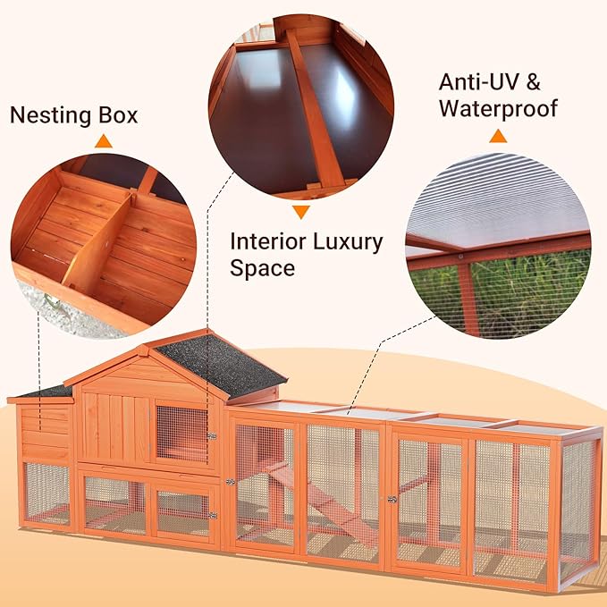 Large Wooden Chicken Coop Outdoor Hen House with Run, Waterproof Roof & Nesting Box, Secure Lock, Removable Tray, Ramp & Perch for 2–4 Chickens or Small Pets (Natural, 113.5")