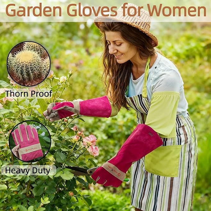 Leather Gardening Gloves for Women, Long Thorn Proof Garden Gloves for Yard Work, Heat Resistant Gloves for Welding, BBQ, Cooking, Fireplace, Chainsaw, Firm Grip, Utility, Durable, Rose Red, S