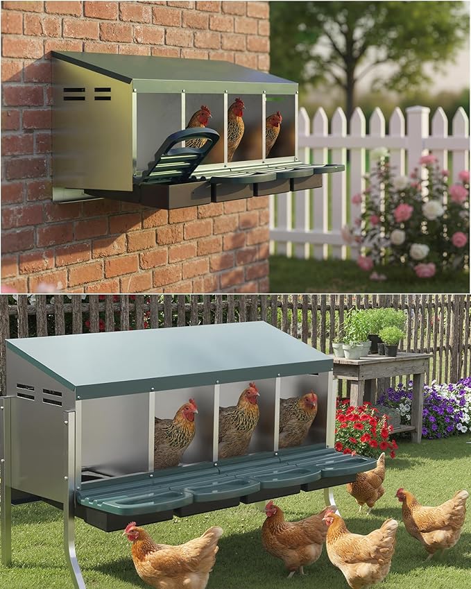 Metal Chicken Nesting Box with Easy-Collect Tray & Lid – 3/4/2x2 Compartment Heavy Duty Roll Away Nesting Boxes for Chickens, Wall Mount or Freestanding, Galvanized Steel Hen Laying Box for Coop