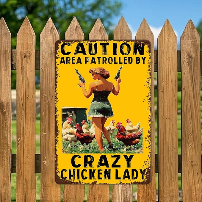 Funny Chicken Metal Sign Vintage Caution Area Patrolled By Crazy Chicken Lady Tin Signs Farm Coop Wall Decor Farmhouse Kitchen Home Garden Yard Hen Tin Poster 12x16 Inch