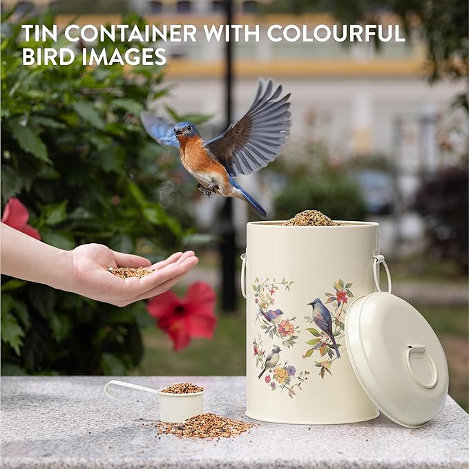 Navaris Bird Seed Storage Container - Metal Pet Food Box with Lid & Handles - Includes Handy Scoop - Outdoor Containers for Birdseed, Chicken Feed, & More - Cream with Bird Design