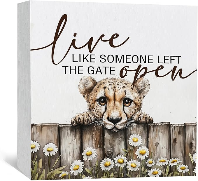 Nursery Cheetah Wooden Box Sign, Cute Live Like Someone Left the Gate Open Wooden Signs for Home Decor,Funny Animal Kitchen Bedroom Decor,Cheetah Gifts for Kids Boys Girls, 6x6
