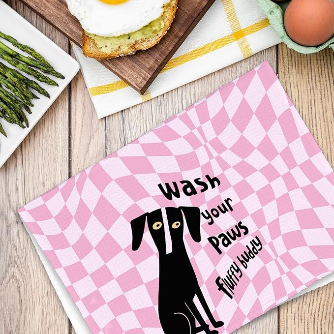Pink Cute Dog Bathroom Kitchen Towels, Wash Your Paws Hand Towel for Bathroom, Funny Puppy Gifts for Dog Lovers, Trendy Preppy Checkered Dish Towels Decor for Dorm Girly Room 16x24in