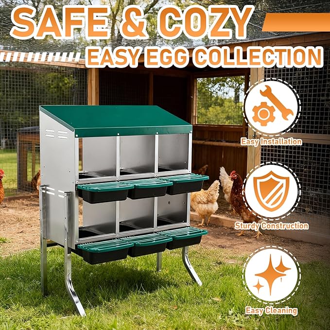 Outvita Chicken Nesting Boxes, 6 Compartments Metal Nesting Boxes for Chickens with Metal Legs, Wall/Floor Mount for Laying Eggs with Swing Perch and Roll Away Egg Collection for Chicken Coop, Green