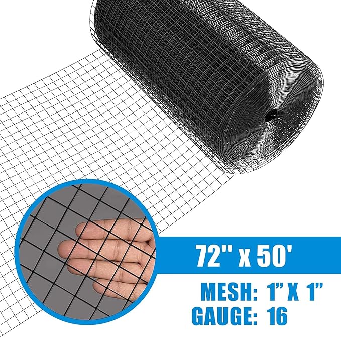 Fencer Wire 16 Gauge Black Vinyl Coated Welded Wire Mesh Size 1 inch by 1 inch for Home and Garden Fence and Pet Enclosures Protect Chickens Rabbits and Farmed Animals (f) 6 ft. x 50 ft.)