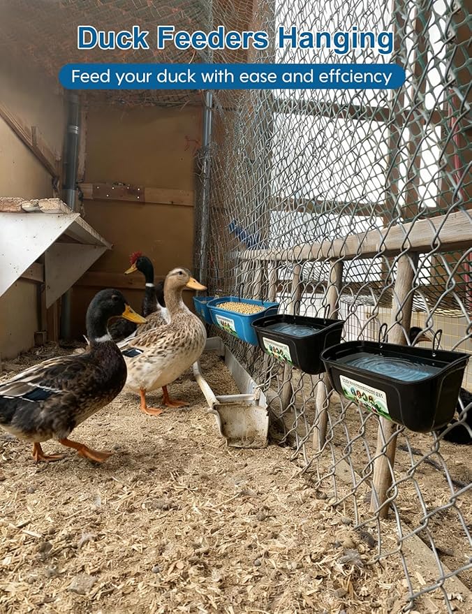 Duck Water Feeder,4 Pack Hanging Ducks Feeder and Ducks Waterer Set,Drake Fence Feed Trough with Clips, Poultry Livestock Food Water Feeding Container or Hen Coop, Duck Cage and Mallard Houses