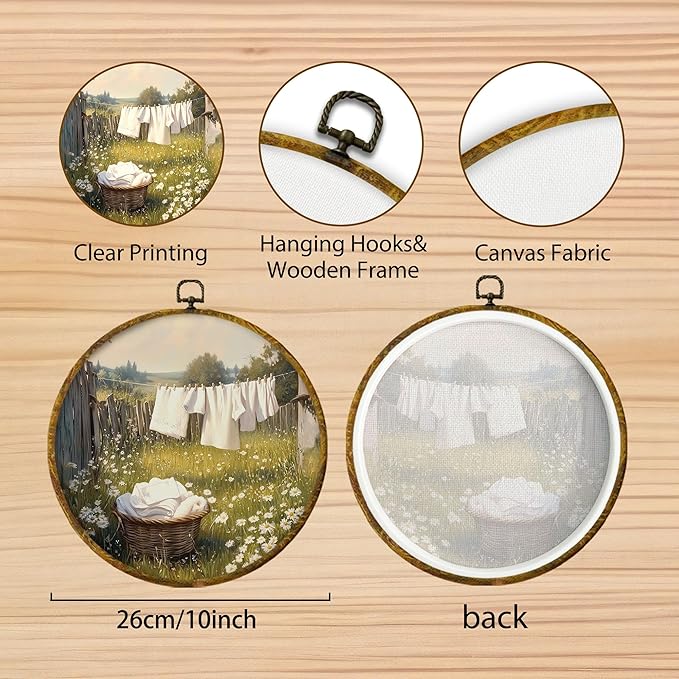 Hiuwevt Farmhouse Rural Laundry Round Wall Art Decor, Sunny Daisy Flower Field Hanging Canvas Prints Artwork Framed, Bright Cottagecore Rustic Life Circular Wall Decor for Home Cabin, 10x10 Inch